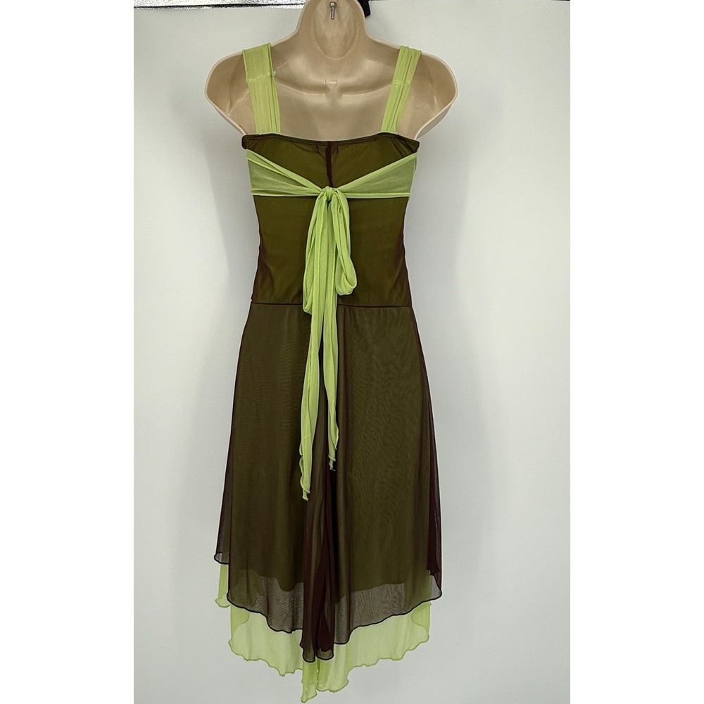 Brown‎ Lime Mesh Hi Low Dress Y2K Fairycore Ruched Asymmetrical Forest Grunge - Picture 5 of 16